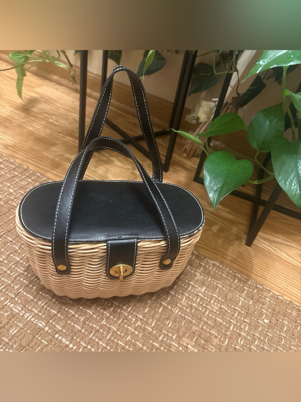 Woven Basket-Style Handbag with Black Trim